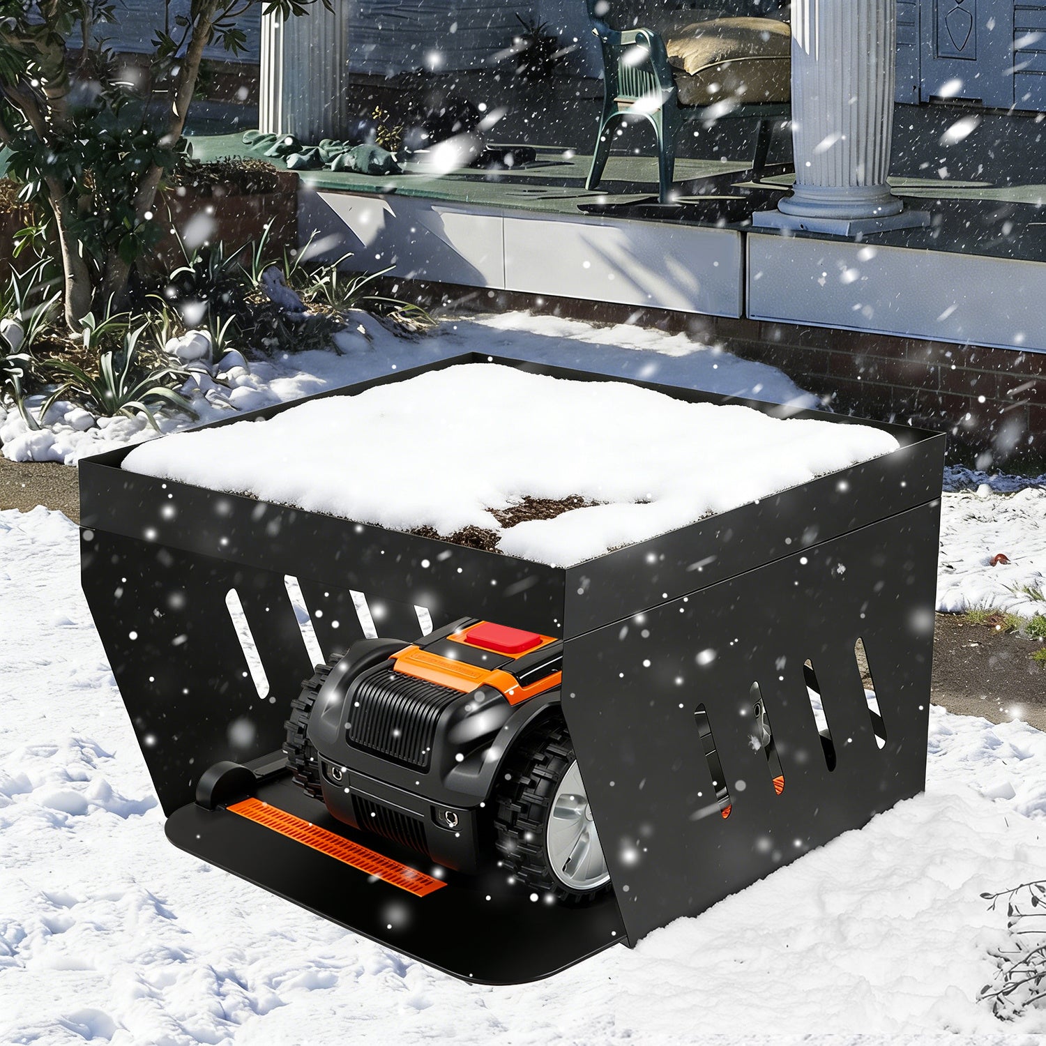 Garage für Mähroboter, 70 x 61 x 42 cm, Überdachung für Rasenmäher, spezielle Überdachung für Rasenmäher/Mähroboter, mit begrünbarem Dach, Wasserablauf und 4 Bodenverankerungen, bietet wirksamen Schutz vor Regen und Hagel, schwarz