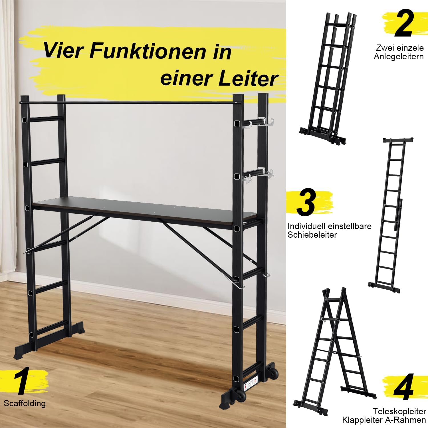 Gerüst, 4 in 1 Alu Multifunktionsleiter 6+6 Stufen, Mobile Mehrzweckleiter mit Plattform und 2 Räder, Arbeitsgerüst, Arbeitsbühne, Belastbar bis max. 150 Kg