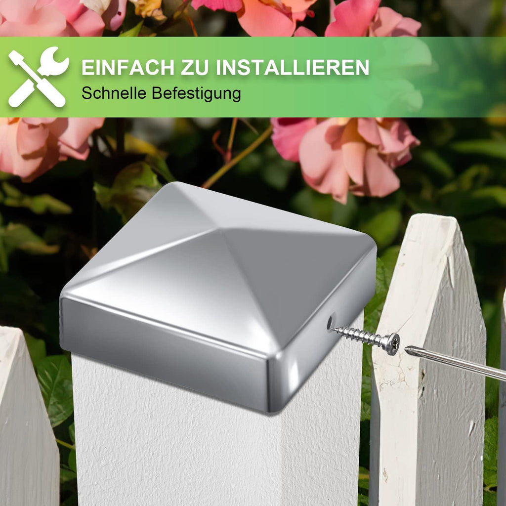 10 Pfostenkappen 91x91mm Zaunpfosten Metall Zaunpfosten verzinkt Pyramiden Form Pfostenabdeckung Zaunpfosten Kappen für Holzpfosten Abdeckkappen für Zaunpfosten mit Schrauben Schwarz/Silber
