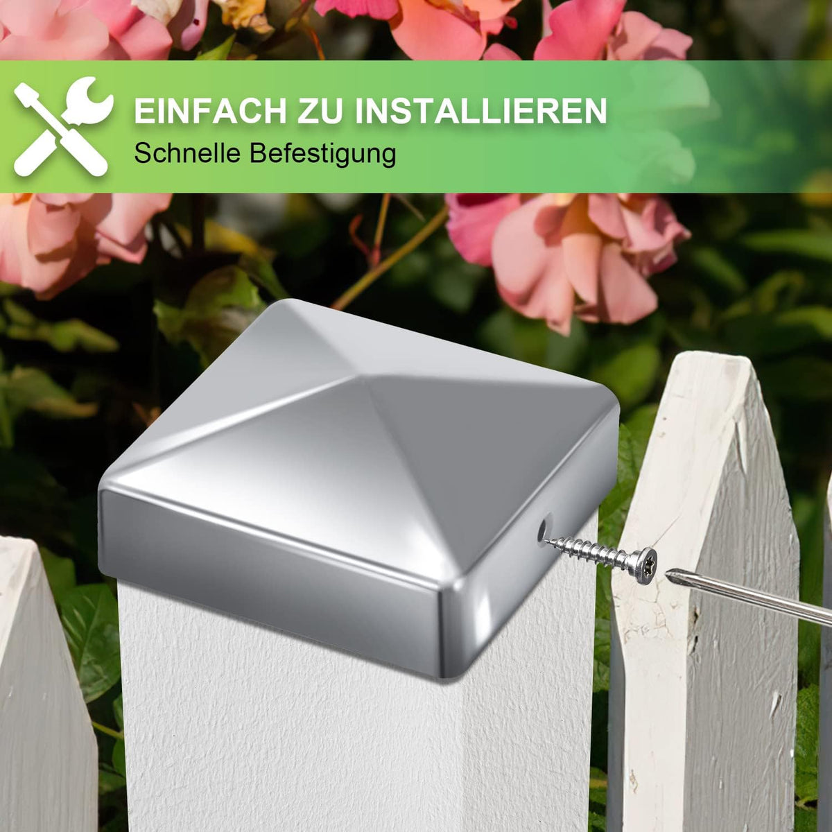 10 Pfostenkappen 91x91mm Zaunpfosten Metall Zaunpfosten verzinkt Pyramiden Form Pfostenabdeckung Zaunpfosten Kappen für Holzpfosten Abdeckkappen für Zaunpfosten mit Schrauben Schwarz/Silber