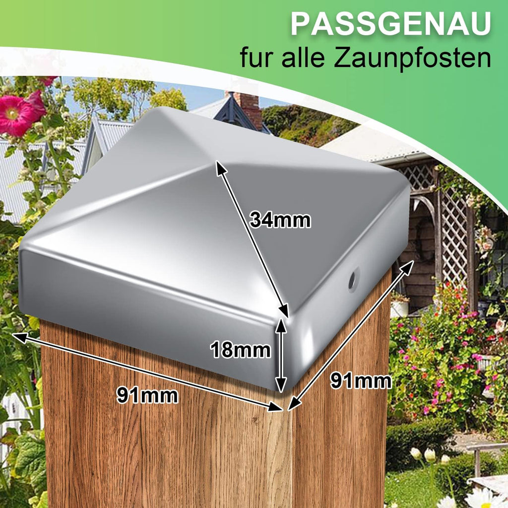 10 Pfostenkappen 91x91mm Zaunpfosten Metall Zaunpfosten verzinkt Pyramiden Form Pfostenabdeckung Zaunpfosten Kappen für Holzpfosten Abdeckkappen für Zaunpfosten mit Schrauben Schwarz/Silber