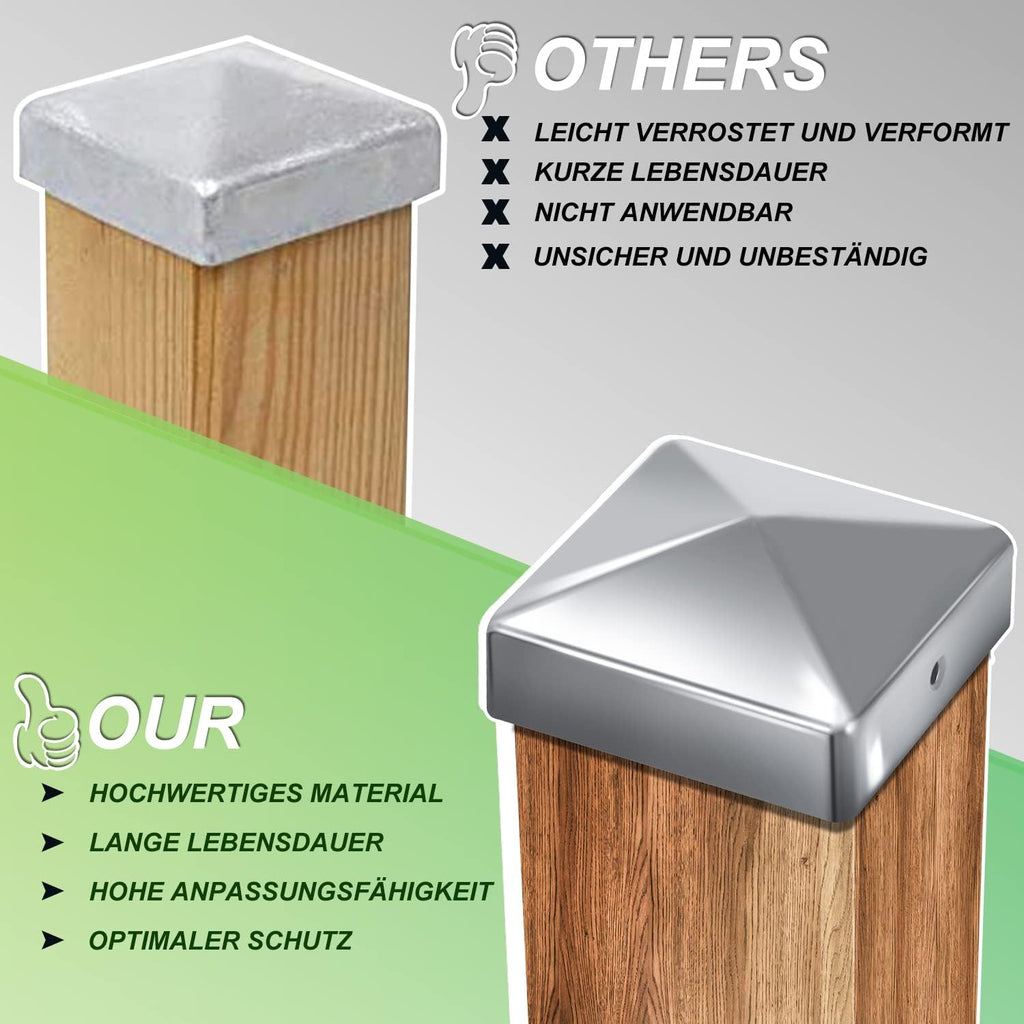 10 Pfostenkappen 91x91mm Zaunpfosten Metall Zaunpfosten verzinkt Pyramiden Form Pfostenabdeckung Zaunpfosten Kappen für Holzpfosten Abdeckkappen für Zaunpfosten mit Schrauben Schwarz/Silber