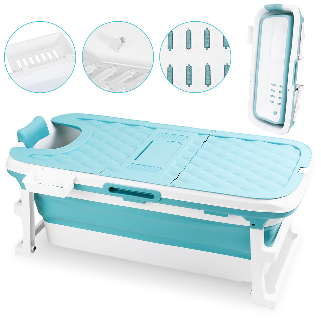Faltbare Badewanne für Erwachsene, Klappbadewanne mit Abdeckung, Ablagekorb und Doppelablauf, platzsparende mobile Badewanne für Bad Dusche Balkon, Blau