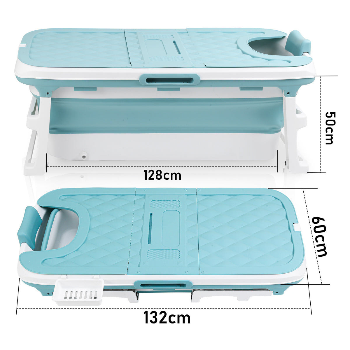 Faltbare Badewanne für Erwachsene, Klappbadewanne mit Abdeckung, Ablagekorb und Doppelablauf, platzsparende mobile Badewanne für Bad Dusche Balkon, Blau