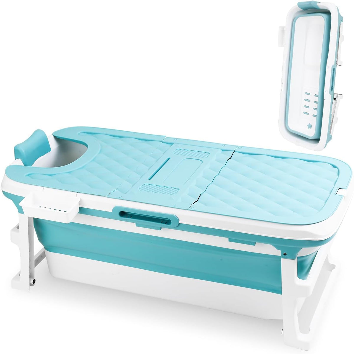 Faltbare Badewanne für Erwachsene, Klappbadewanne mit Abdeckung, Ablagekorb und Doppelablauf, platzsparende mobile Badewanne für Bad Dusche Balkon, Blau