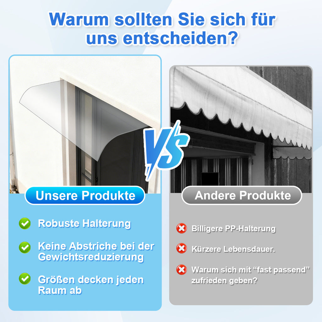 Eingangsüberdachung aus Polycarbonat – wetterfest – einseitiges Dach – zwei Ausführungen: Montage an der Vorderseite oder an der Unterkante