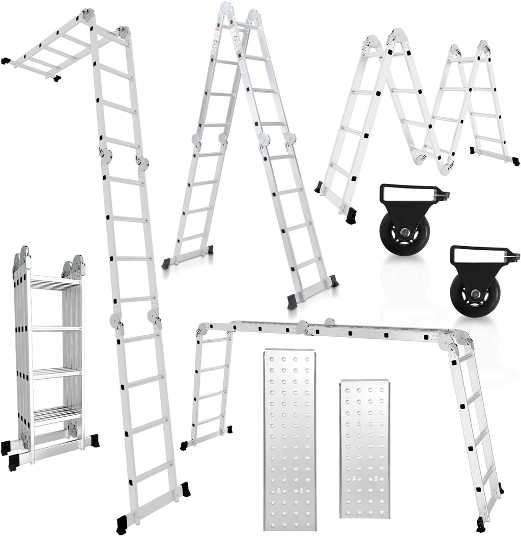 Multifunktionsleiter aus Aluminiumlegierung, Multifunktionsleiter mit Plattform, Leiter mit 2 Gerüstbrettern, Trittleiter mit einer Tragkraft von 150 kg, silberfarben, wahlweise mit 4x3/4×4 oder 4×5 Sprossen.