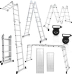 Multifunktionsleiter aus Aluminiumlegierung, Multifunktionsleiter mit Plattform, Leiter mit 2 Gerüstbrettern, Trittleiter mit einer Tragkraft von 150 kg, silberfarben, wahlweise mit 4x3/4×4 oder 4×5 Sprossen.
