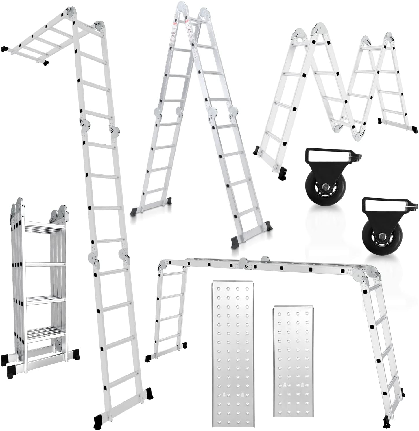Multifunktionsleiter aus Aluminiumlegierung, Multifunktionsleiter mit Plattform, Leiter mit 2 Gerüstbrettern, Trittleiter mit einer Tragkraft von 150 kg, silberfarben, wahlweise mit 4x3/4×4 oder 4×5 Sprossen.