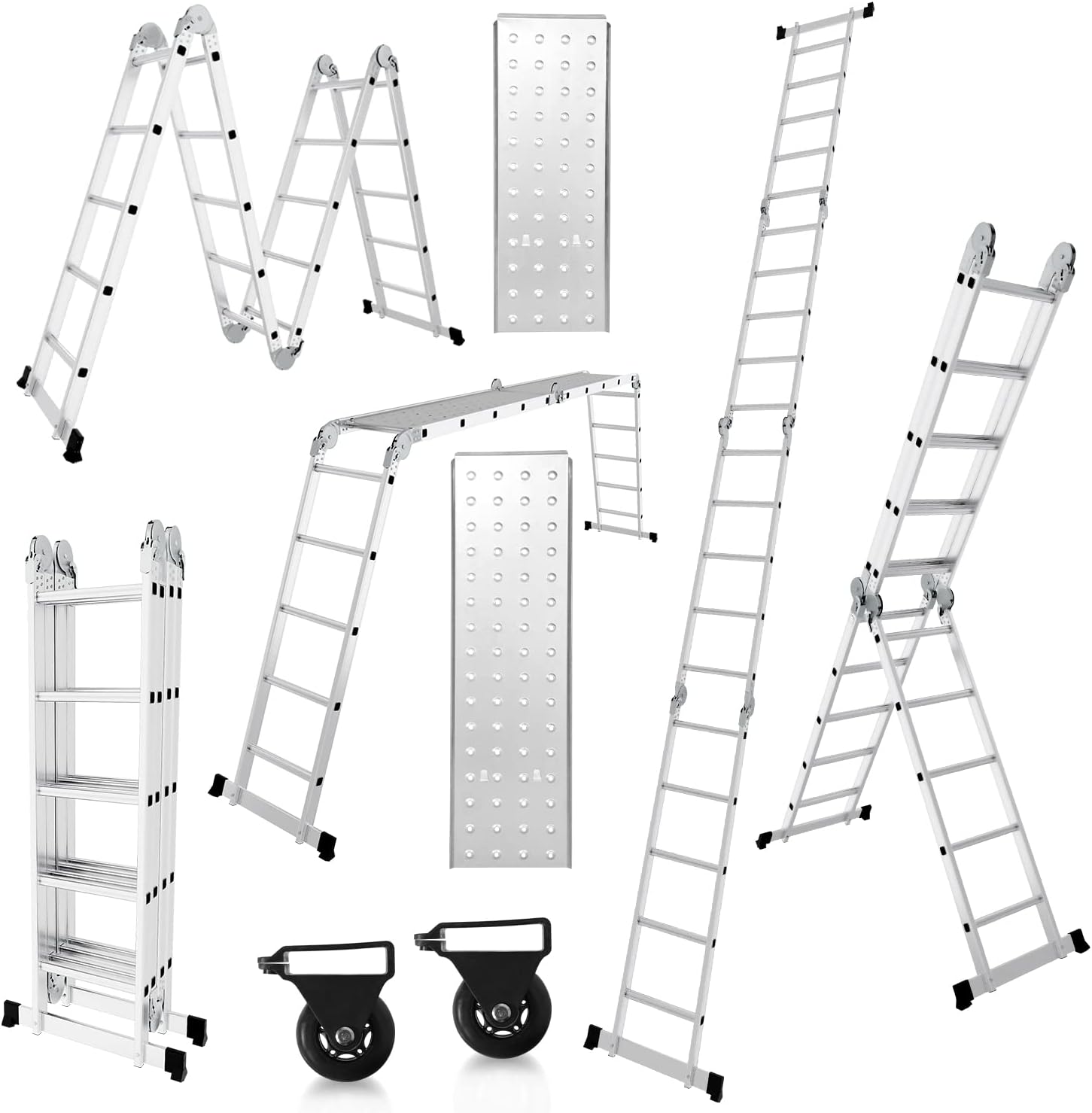 Multifunktionsleiter aus Aluminiumlegierung, Multifunktionsleiter mit Plattform, Leiter mit 2 Gerüstbrettern, Trittleiter mit einer Tragkraft von 150 kg, silberfarben, wahlweise mit 4x3/4×4 oder 4×5 Sprossen.