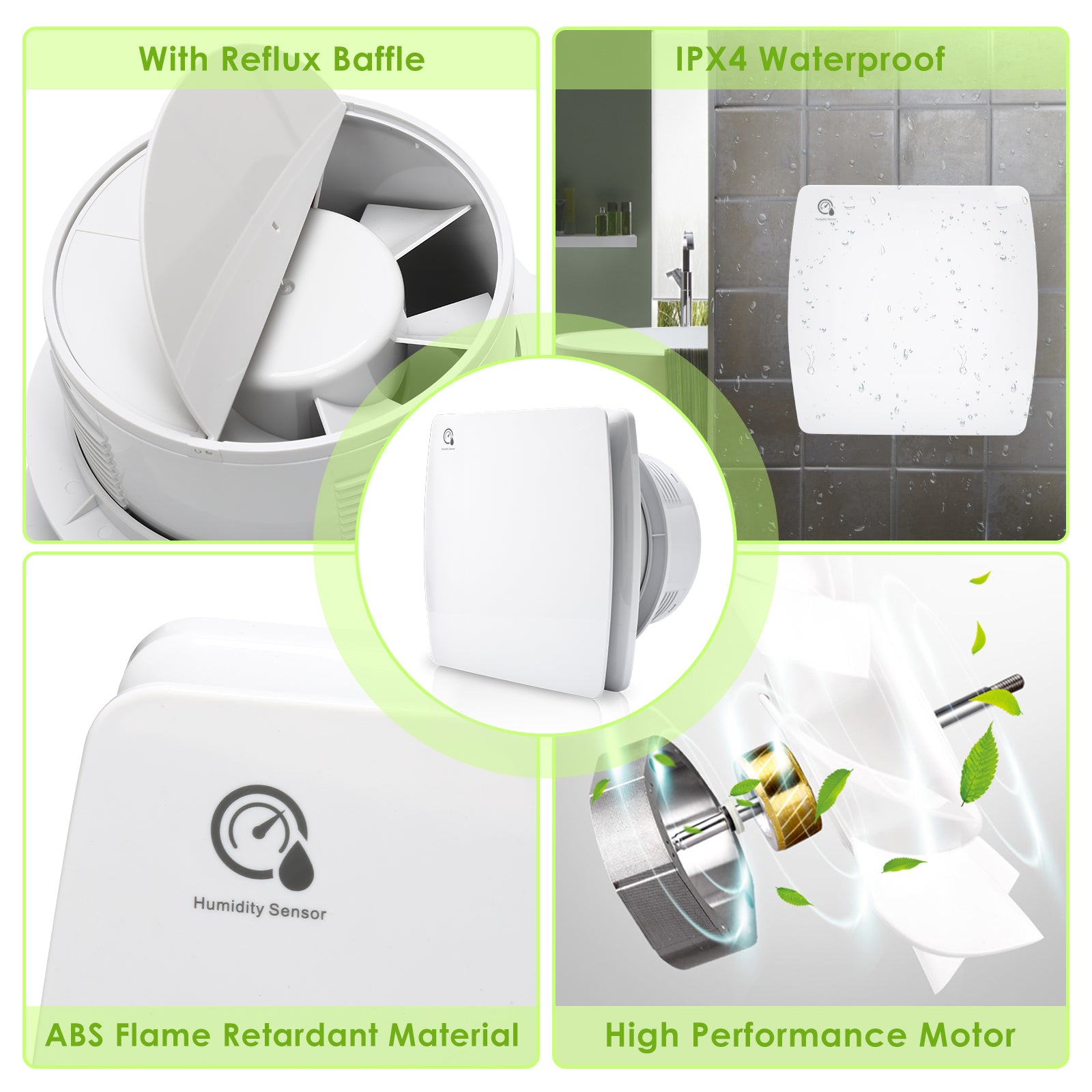 100/150-mm-Badventilator mit Feuchtigkeitssensor und Nachlauffunktion; automatischer Ventilator für Badezimmer, Küchen und fensterlose Räume, weiß