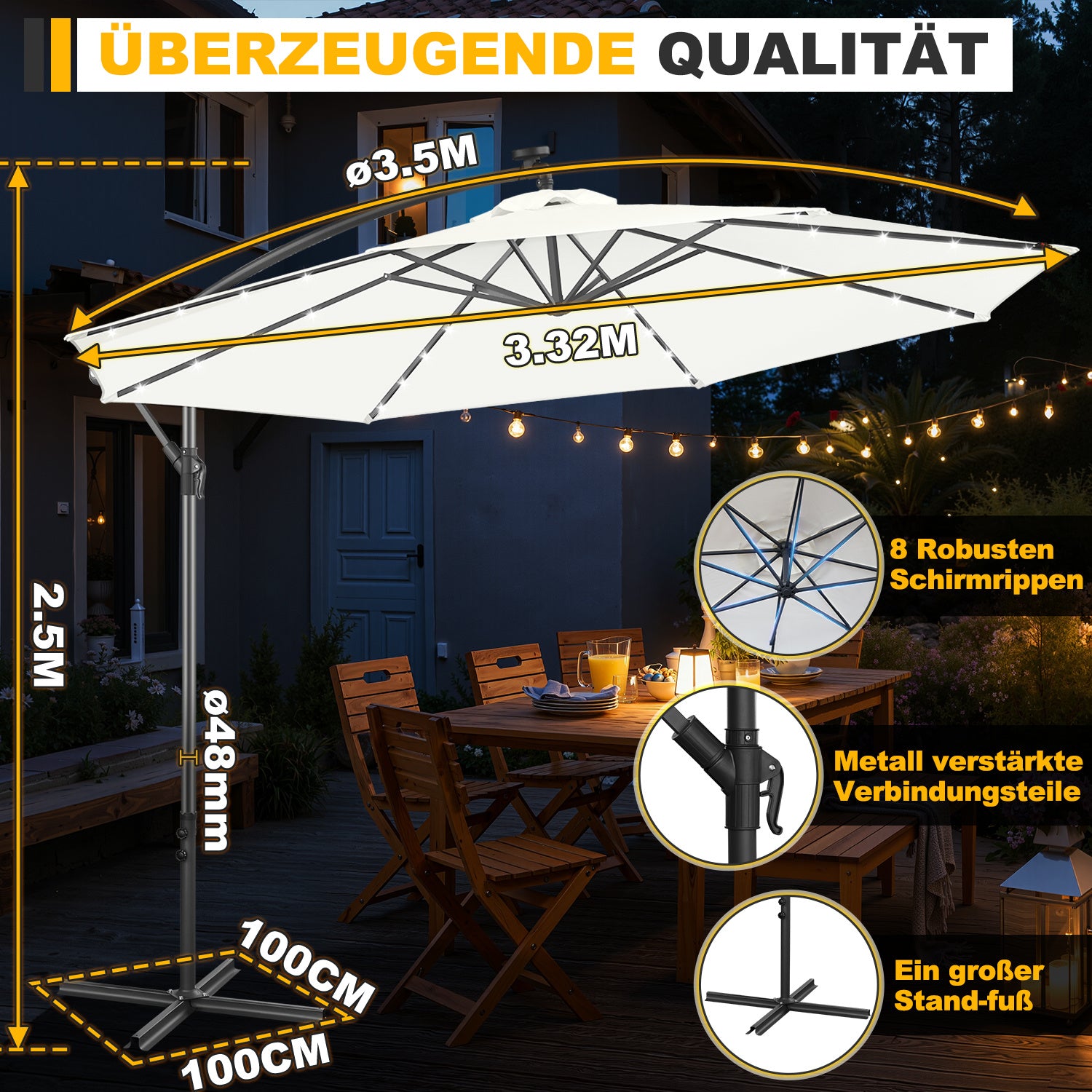 Ausziehbarer Sonnenschirm mit LED-Solarbeleuchtung, Durchmesser 300/350 cm, mit Kurbel, ausziehbarer Sonnenschirm mit Sockel, Gartensonnenschirm, Sonnenschutz, UV-Schutz, handbetätigter Sonnenschirm, Sonnenschirm für Märkte, wasserdicht