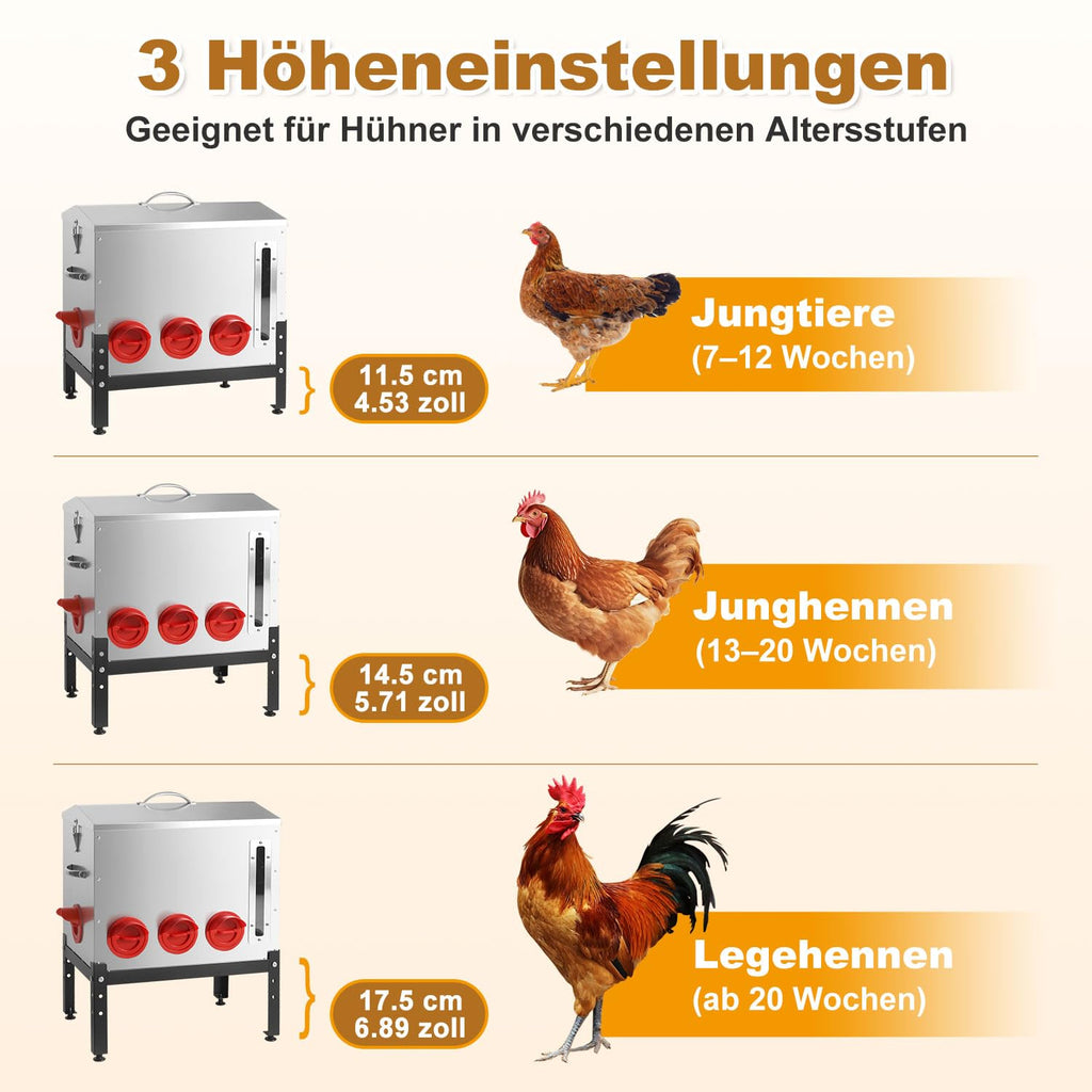 Automatischer Hühnerfutterautomat 22,6 kg mit 8 Futteröffnungen aus verzinktem Metall