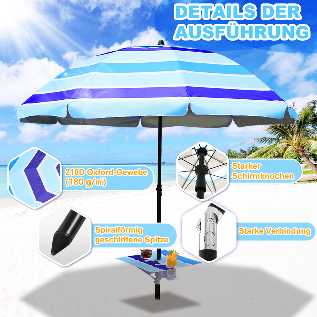 Strandschirm, Durchmesser 213 cm, Sonnenschutzfaktor UV50+, mit Tisch, Haken und Tragetasche, Neigungswinkel und Höhe verstellbar, windfest, langlebig, lichtbeständig, blaue Streifen