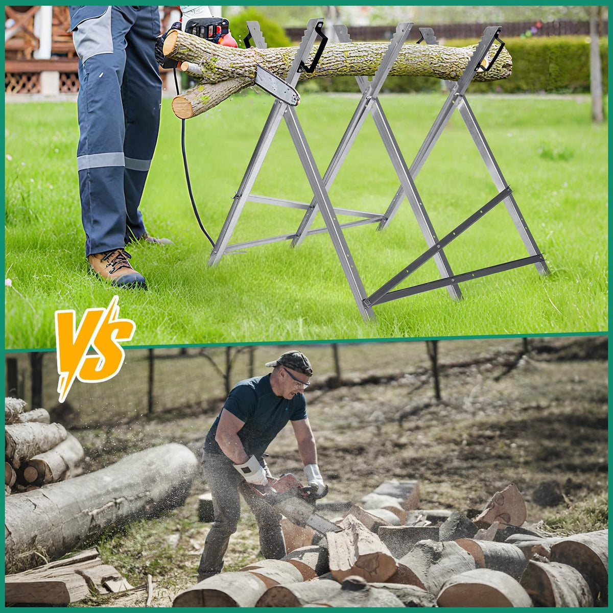 Sägebock, Sägebock aus Holz, Sägehilfsmittel, zusammenklappbar, 3 Stützen, verzinkter Sägebock mit Kettensägenhalterung, Sägebock, maximale Tragkraft 150 kg, geeignet für Sägewerke und Werkstätten
