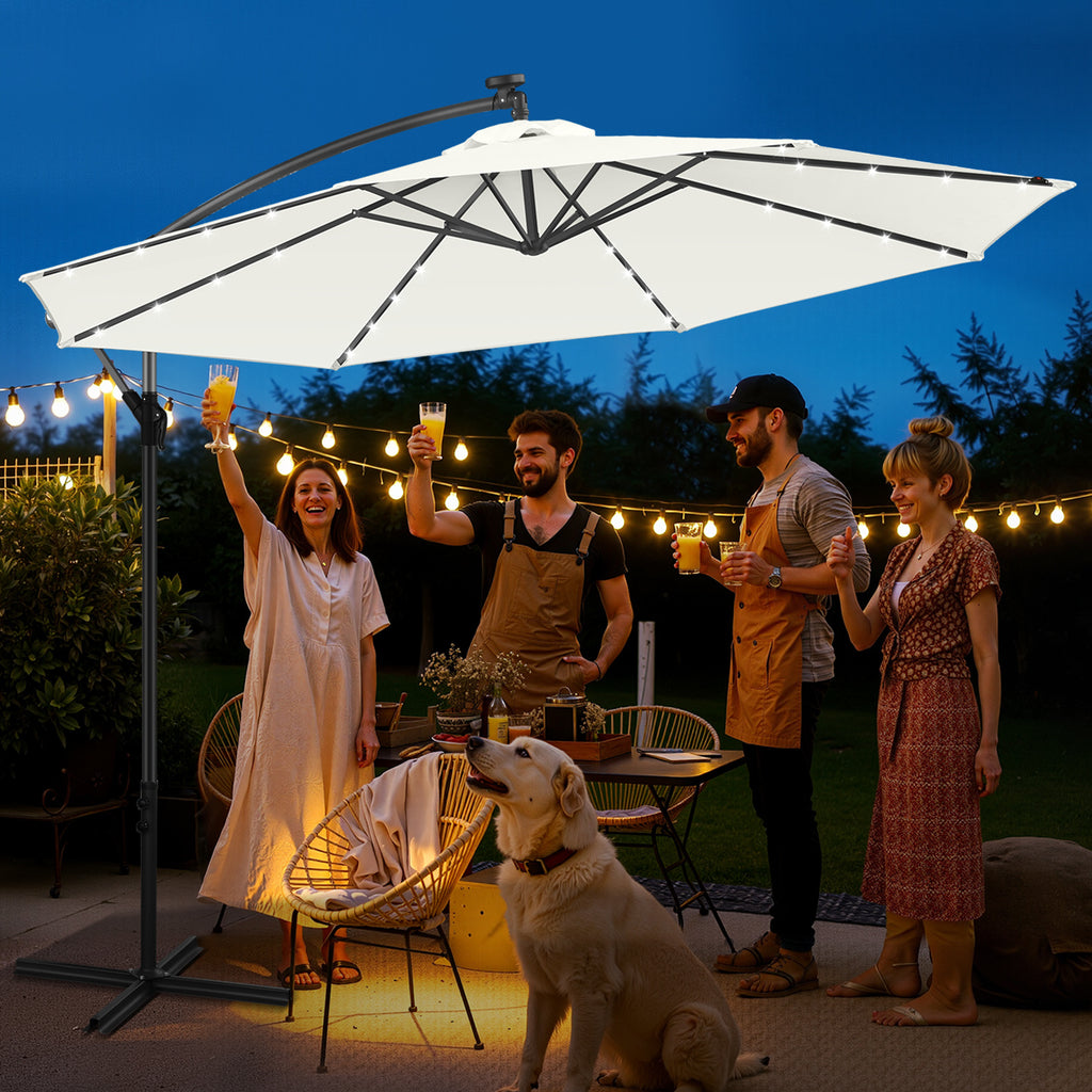 Ausziehbarer Sonnenschirm mit LED-Solarbeleuchtung, Durchmesser 300/350 cm, mit Kurbel, ausziehbarer Sonnenschirm mit Sockel, Gartensonnenschirm, Sonnenschutz, UV-Schutz, handbetätigter Sonnenschirm, Sonnenschirm für Märkte, wasserdicht