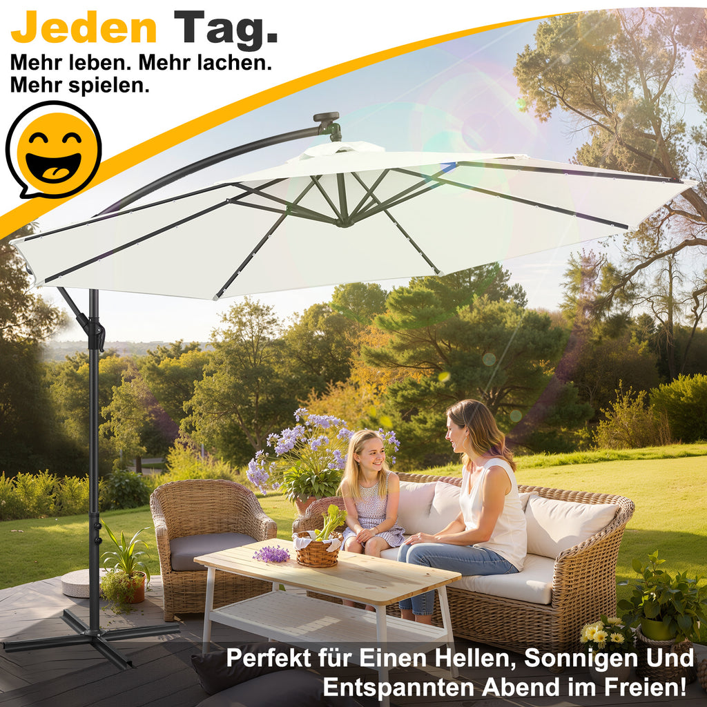 Ausziehbarer Sonnenschirm mit LED-Solarbeleuchtung, Durchmesser 300/350 cm, mit Kurbel, ausziehbarer Sonnenschirm mit Sockel, Gartensonnenschirm, Sonnenschutz, UV-Schutz, handbetätigter Sonnenschirm, Sonnenschirm für Märkte, wasserdicht