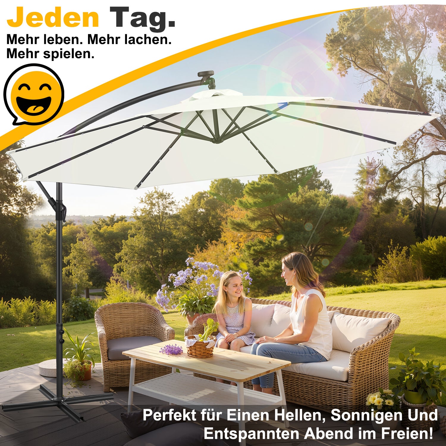 Ausziehbarer Sonnenschirm mit LED-Solarbeleuchtung, Durchmesser 300/350 cm, mit Kurbel, ausziehbarer Sonnenschirm mit Sockel, Gartensonnenschirm, Sonnenschutz, UV-Schutz, handbetätigter Sonnenschirm, Sonnenschirm für Märkte, wasserdicht