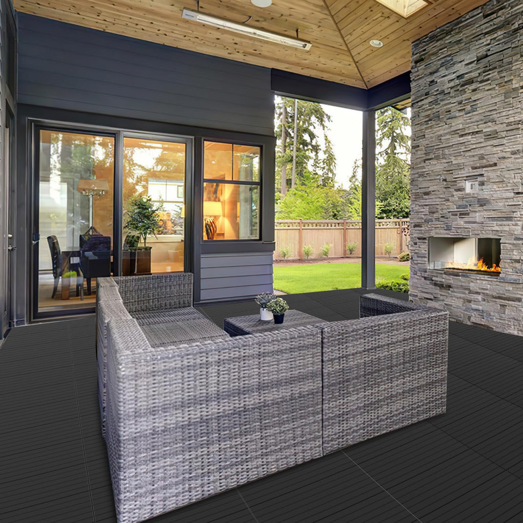 WPC-Fliesen, 30 x 60 cm, Terrassenfliesen, Klickfliesen, Balkonfliesen mit Holzoptik, witterungsbeständige Platten mit Entwässerungsfunktion, geeignet für Terrassen, Balkone und Gärten, braun/rotbraun/dunkelgrau/teakfarben (6 Stück = 1 Quadratmeter)