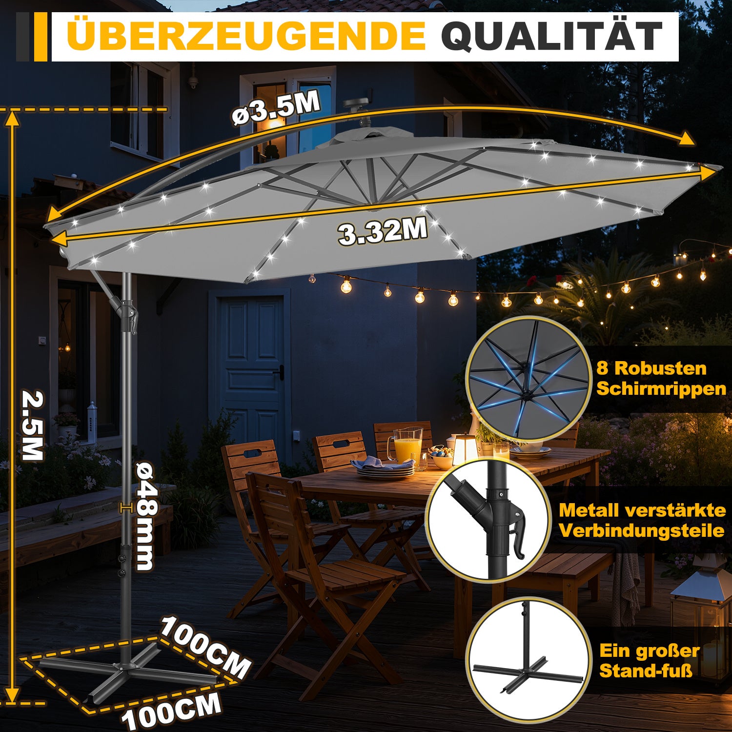 Ausziehbarer Sonnenschirm mit LED-Solarbeleuchtung, Durchmesser 300/350 cm, mit Kurbel, ausziehbarer Sonnenschirm mit Sockel, Gartensonnenschirm, Sonnenschutz, UV-Schutz, handbetätigter Sonnenschirm, Sonnenschirm für Märkte, wasserdicht