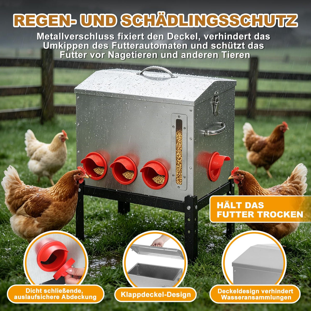 Automatischer Hühnerfutterautomat 22,6 kg mit 8 Futteröffnungen aus verzinktem Metall