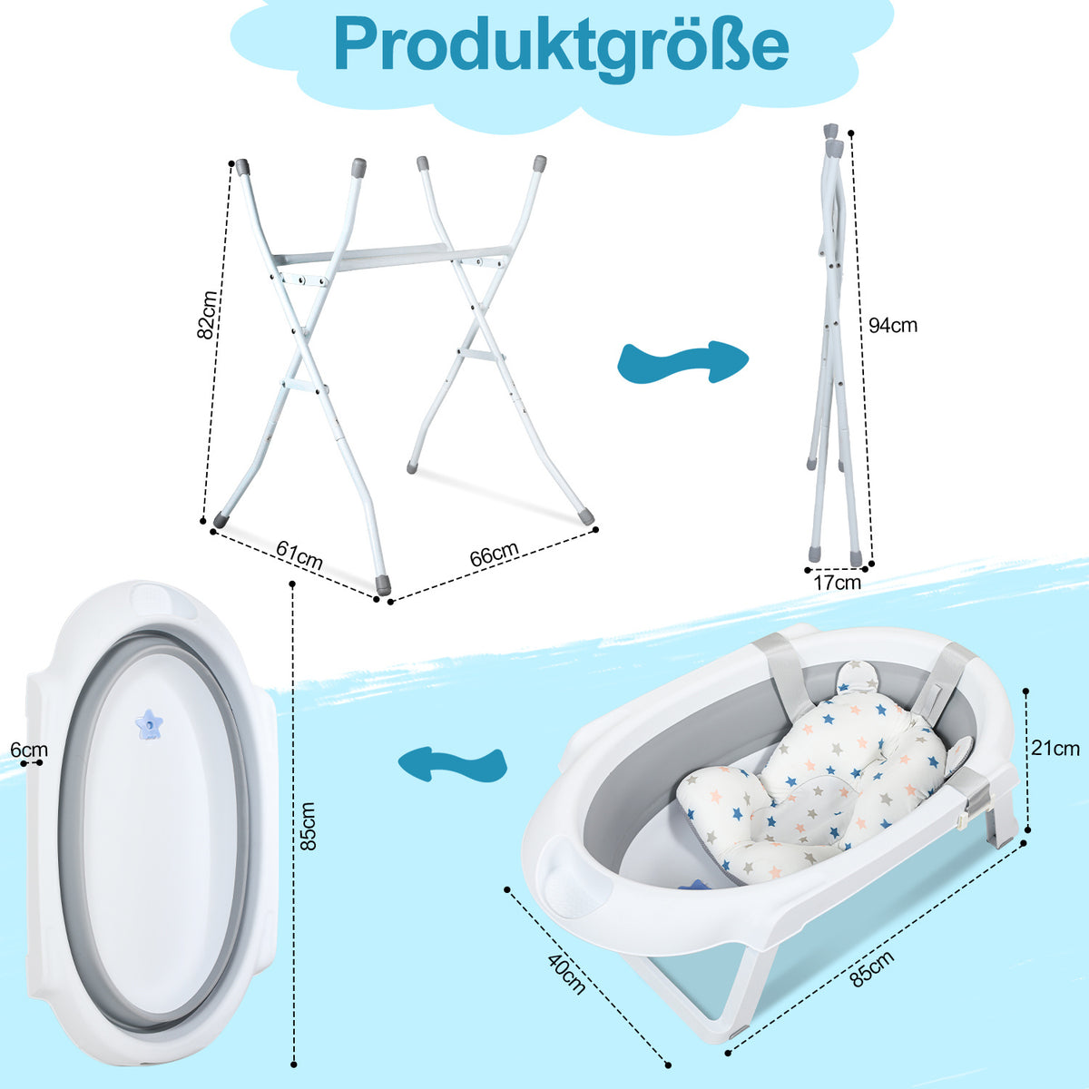 Baby Badewanne mit Ständer 21x48x85CM Badekissen Kinder Faltbare Bad Babywanne Grau