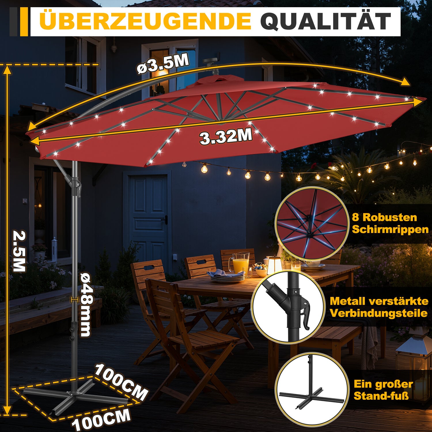 Ausziehbarer Sonnenschirm mit LED-Solarbeleuchtung, Durchmesser 300/350 cm, mit Kurbel, ausziehbarer Sonnenschirm mit Sockel, Gartensonnenschirm, Sonnenschutz, UV-Schutz, handbetätigter Sonnenschirm, Sonnenschirm für Märkte, wasserdicht