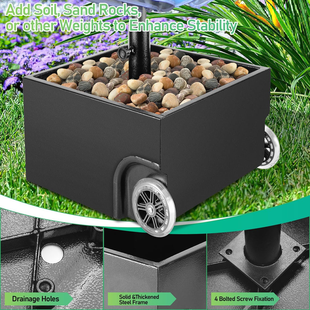Sonnenschirmständer mit Rollen, 77 kg, geeignet für Schirmstangen mit 38/48 mm Durchmesser, bepflanzbarer Sonnenschirmständer (mit Abflusslöchern und befüllbarem Sockel), mobiler Sonnenschirmständer für Terrasse und Garten