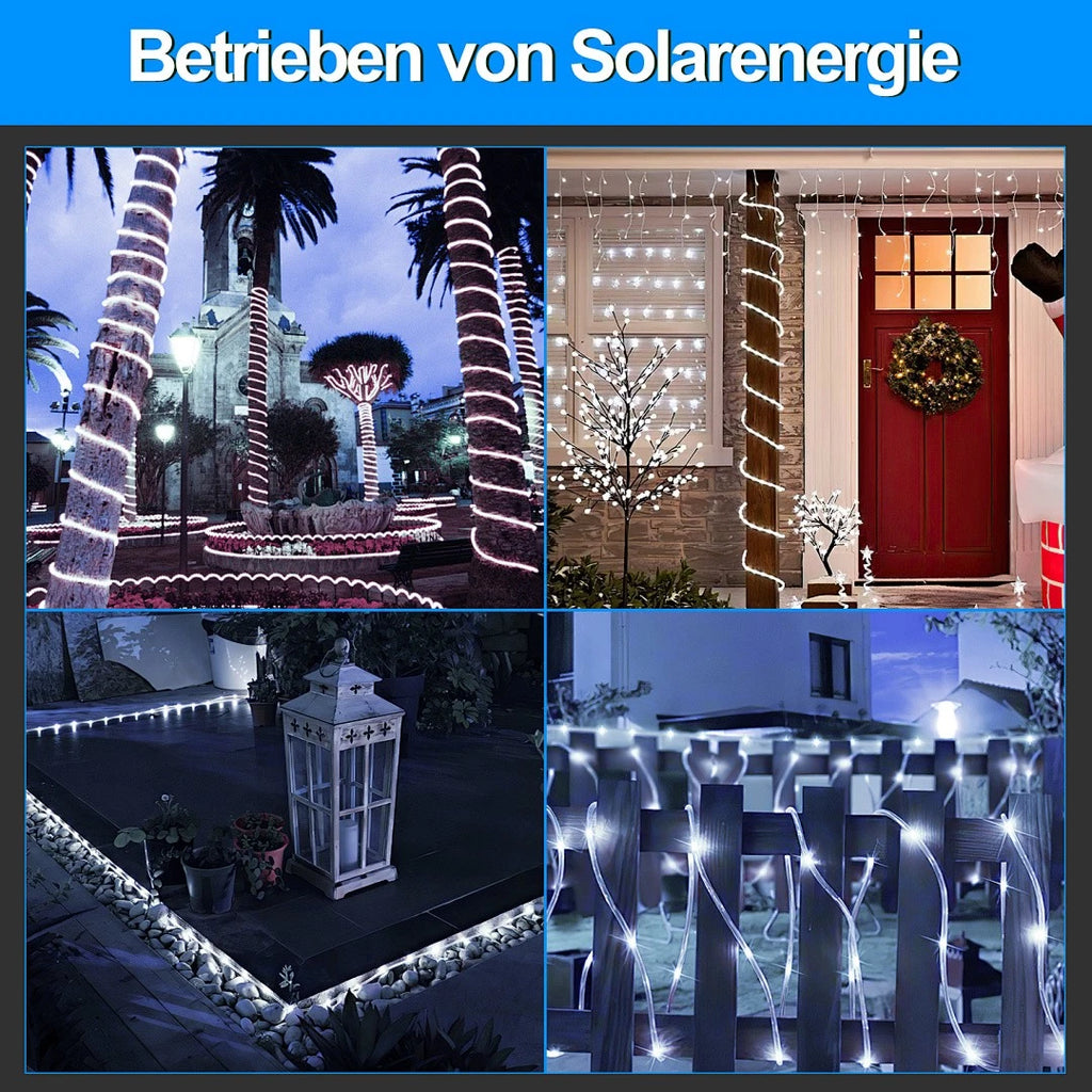 10/20/30 Meter lange Solar-Lichterkette mit 100 LEDs, bunt, für den Außenbereich geeignet – wasserdichtes Design, 8 Leuchtmodi, ideal für Festtagsdekorationen und Partys im Freien, wahlweise in den Farben Regenbogen, Warmweiß und Kaltweiß
