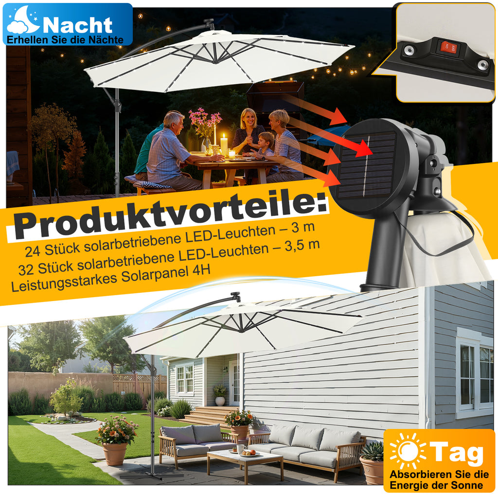 Ausziehbarer Sonnenschirm mit LED-Solarbeleuchtung, Durchmesser 300/350 cm, mit Kurbel, ausziehbarer Sonnenschirm mit Sockel, Gartensonnenschirm, Sonnenschutz, UV-Schutz, handbetätigter Sonnenschirm, Sonnenschirm für Märkte, wasserdicht