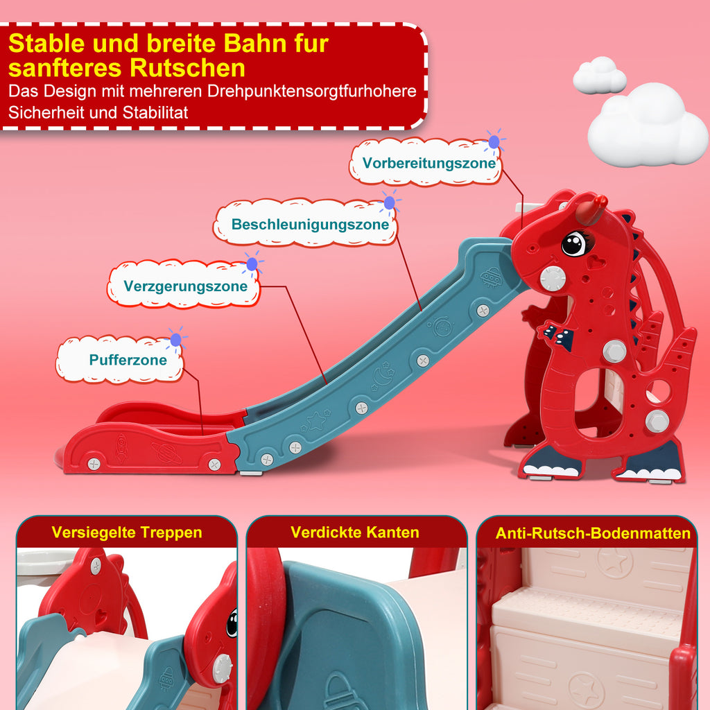 Kinderrutsche, zusammenklappbare Kinderrutsche, stabile Gartenrutsche mit Basketballkorb und Handläufen, lustige Kinderrutsche, für drinnen und draußen geeignete Kleinkindrutsche, rot