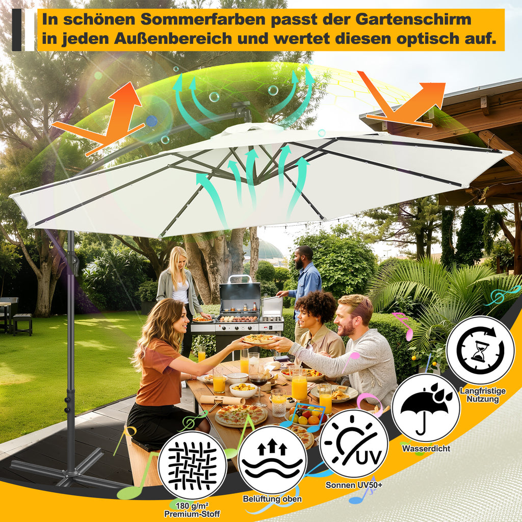 Ausziehbarer Sonnenschirm mit LED-Solarbeleuchtung, Durchmesser 300/350 cm, mit Kurbel, ausziehbarer Sonnenschirm mit Sockel, Gartensonnenschirm, Sonnenschutz, UV-Schutz, handbetätigter Sonnenschirm, Sonnenschirm für Märkte, wasserdicht