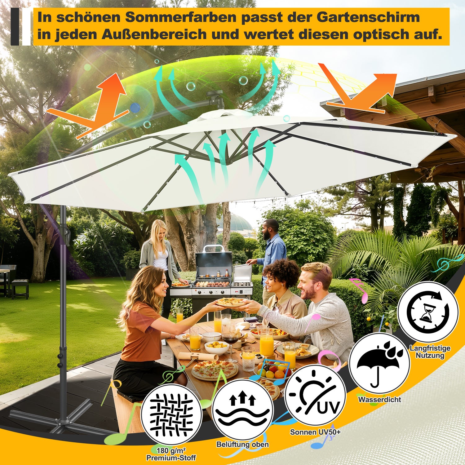 Ausziehbarer Sonnenschirm mit LED-Solarbeleuchtung, Durchmesser 300/350 cm, mit Kurbel, ausziehbarer Sonnenschirm mit Sockel, Gartensonnenschirm, Sonnenschutz, UV-Schutz, handbetätigter Sonnenschirm, Sonnenschirm für Märkte, wasserdicht