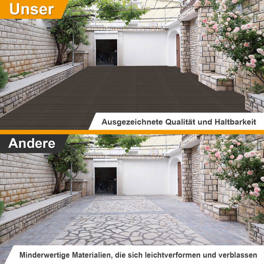 WPC-Fliesen, 30 x 60 cm, Terrassenfliesen, Klickfliesen, Balkonfliesen mit Holzoptik, witterungsbeständige Platten mit Entwässerungsfunktion, geeignet für Terrassen, Balkone und Gärten, braun/rotbraun/dunkelgrau/teakfarben (6 Stück = 1 Quadratmeter)