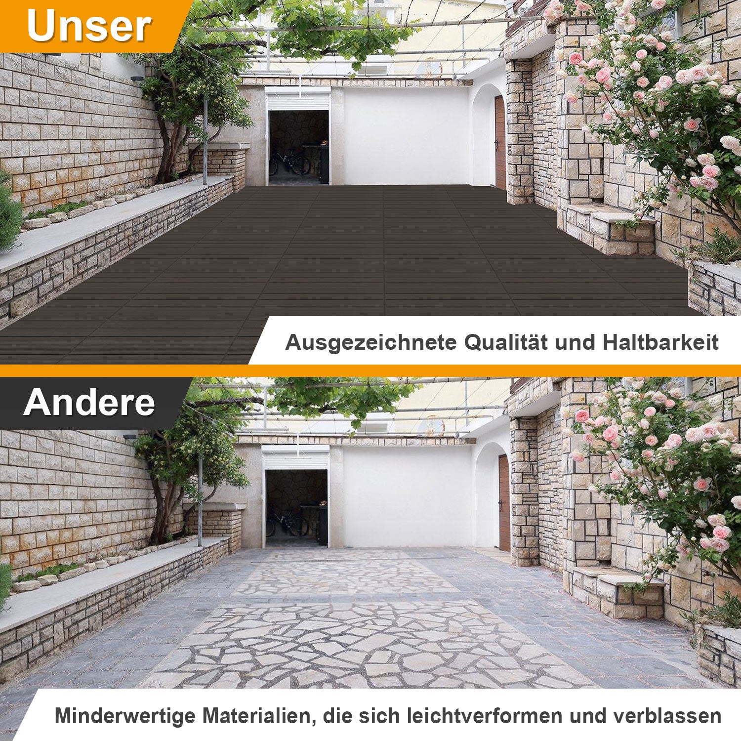 WPC-Fliesen, 30 x 60 cm, Terrassenfliesen, Klickfliesen, Balkonfliesen mit Holzoptik, witterungsbeständige Platten mit Entwässerungsfunktion, geeignet für Terrassen, Balkone und Gärten, braun/rotbraun/dunkelgrau/teakfarben (6 Stück = 1 Quadratmeter)