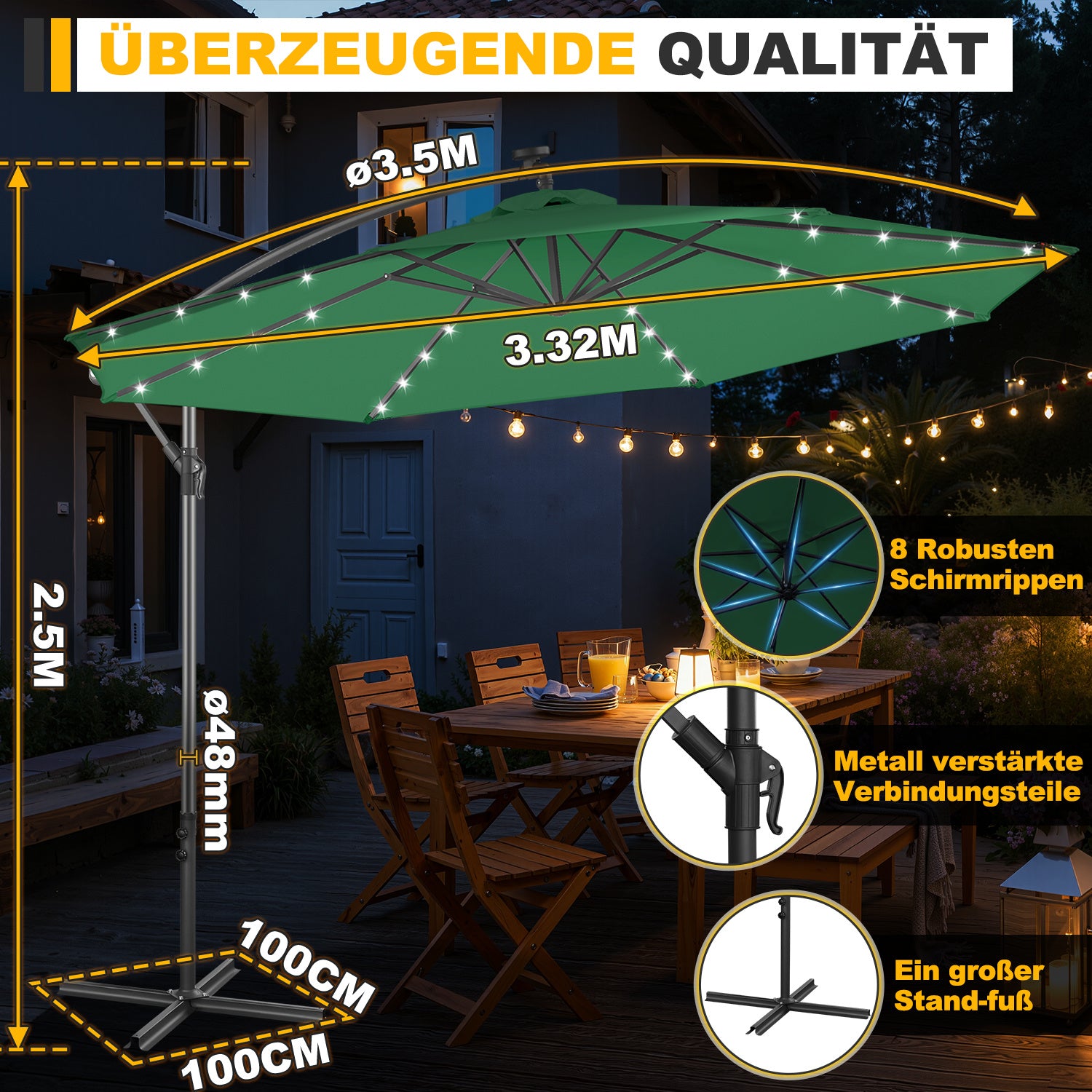 Ausziehbarer Sonnenschirm mit LED-Solarbeleuchtung, Durchmesser 300/350 cm, mit Kurbel, ausziehbarer Sonnenschirm mit Sockel, Gartensonnenschirm, Sonnenschutz, UV-Schutz, handbetätigter Sonnenschirm, Sonnenschirm für Märkte, wasserdicht