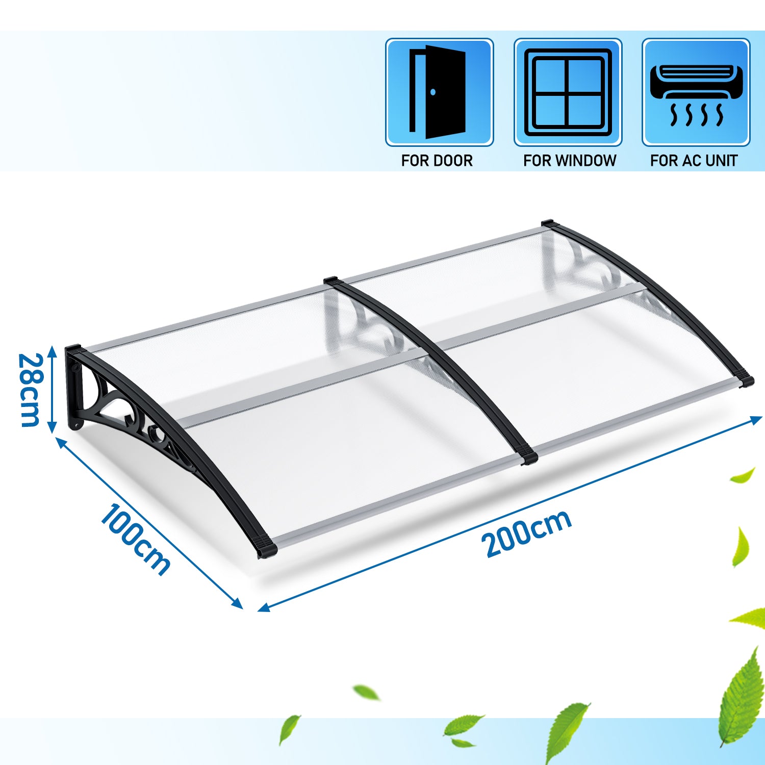 Vordach für Außentüren, transparente PC-Platten + schwarze Verstärkungsstreben, 6 mm dick, einseitig geneigtes, gewölbtes Vordach, schützt vor Sonne und Regen, vier Größen: 120 cm / 150 cm / 200 cm / 300 cm