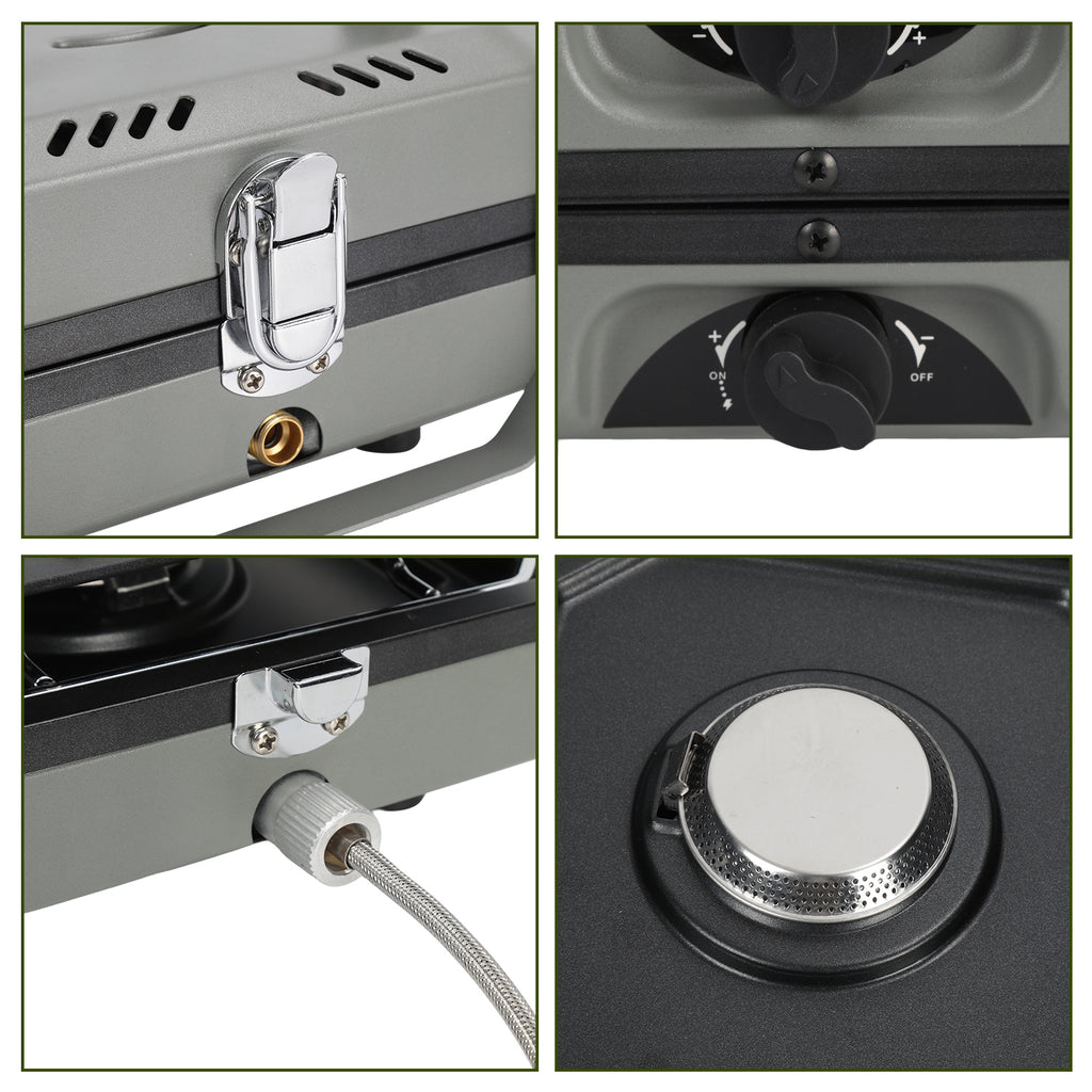 Campingkocher 2 Flammen 4,6 kW mit Grillplatte, Faltbarer Gaskocher mit Zündsicherung, Tragbarer Camping Gaskocher mit 0,5 m Schlauch & Tragetasche, Gasherd für Camping Vanlife Outdoor Küche