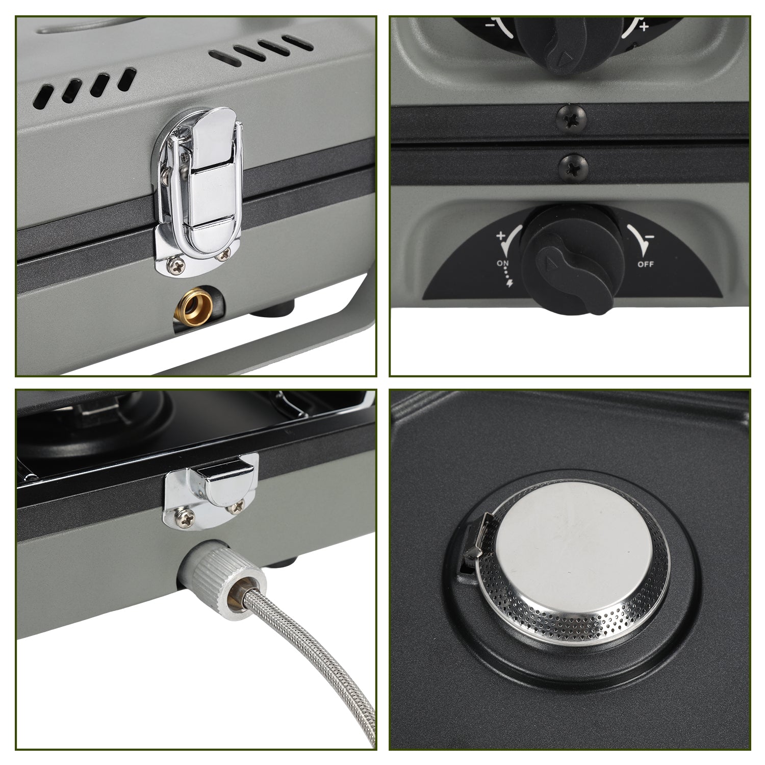 Campingkocher 2 Flammen 4,6 kW mit Grillplatte, Faltbarer Gaskocher mit Zündsicherung, Tragbarer Camping Gaskocher mit 0,5 m Schlauch & Tragetasche, Gasherd für Camping Vanlife Outdoor Küche