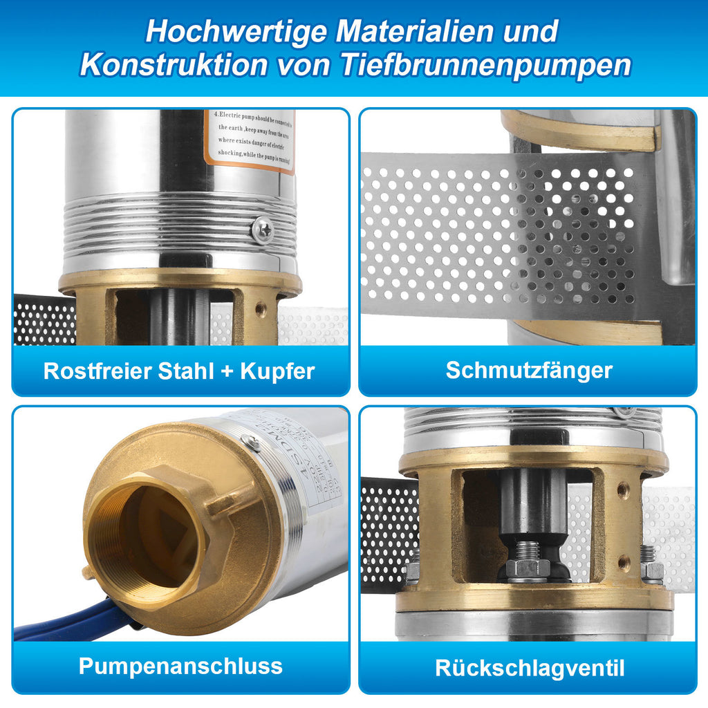 Brunnenpumpe – Tiefbrunnenpumpe mit einer Förderleistung von 4000 l/h, Edelstahl-Wasserpumpe mit einer maximalen Förderhöhe von 81 m und 20 m Kabel, Tauchdruckpumpe mit 8,1 bar, sandtauglich (1,1 kW/1,5 hp)