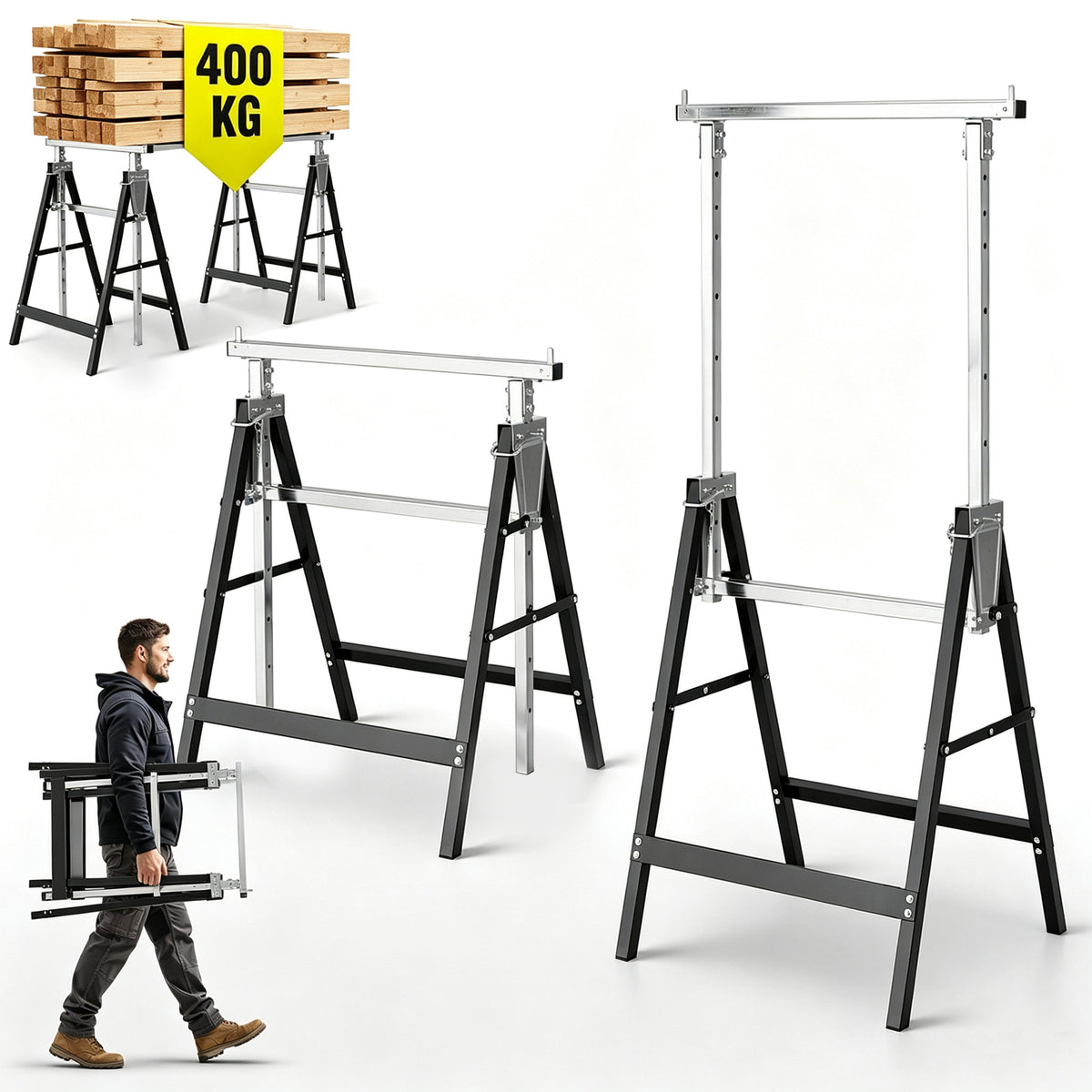Arbeitsständer, 2er-Set, höhenverstellbar, 7 Stufen (80–130 cm), Gerüstständer, Tragkraft 400 kg pro Paar, klappbare Ständer für Haushalt, Werkstatt und Garten, schwarz