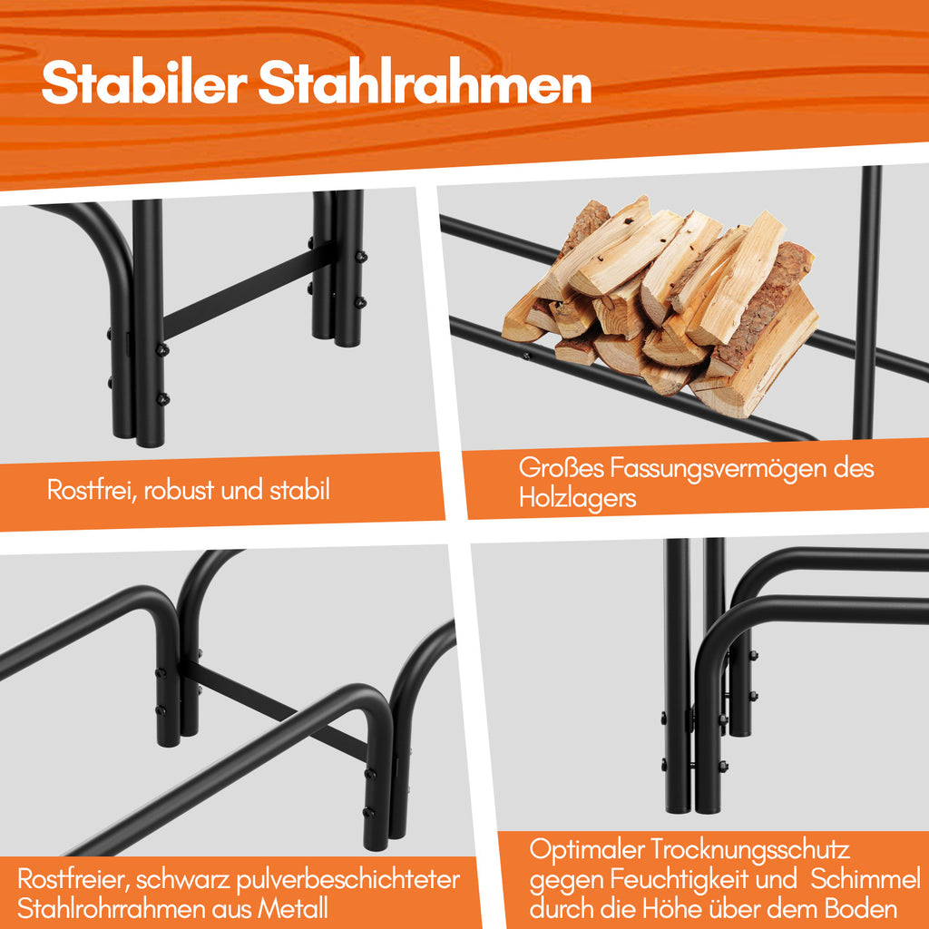 Holzregal mit Schutzhülle – Stahlrahmen – schwarzes Metall-Holzregal – Hilfsmittel zur Lagerung im Innenbereich – Maße: 244 x 34,5 x 124 cm