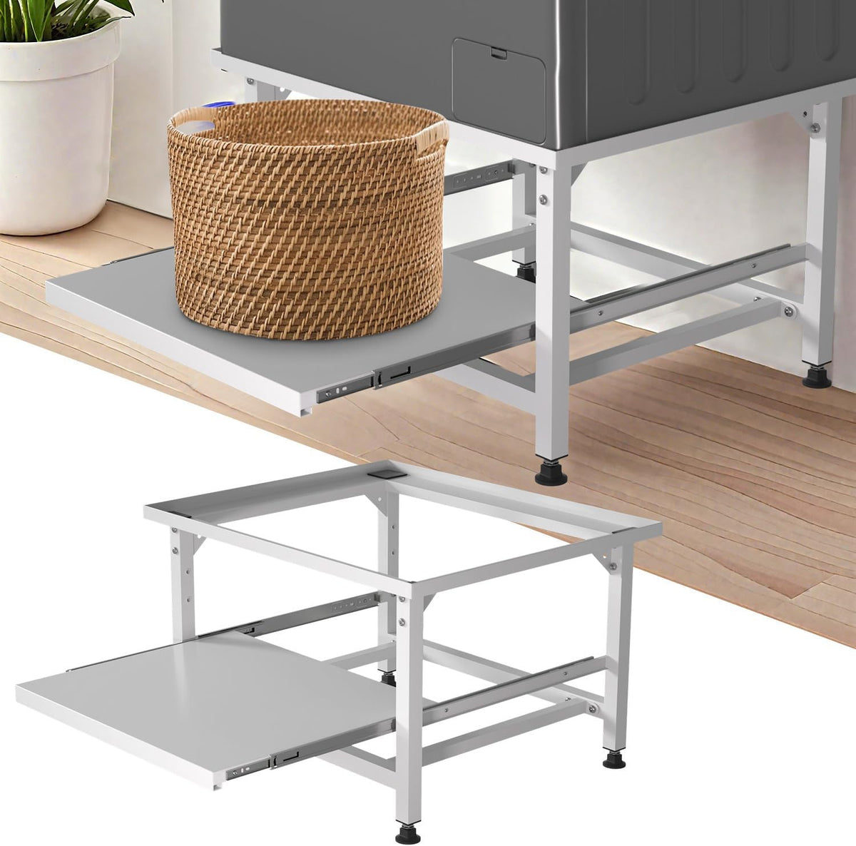 Waschmaschinen Untergestell mit Ausziehbarem Regal, 42cm Höhe, Höhenverstellbare Füße & Geräuschdämpfung, Waschmaschinen Sockel mit 3 stufiger Auszugsschublade, 150kg Belastbarkeit, Schwarz/Weiß