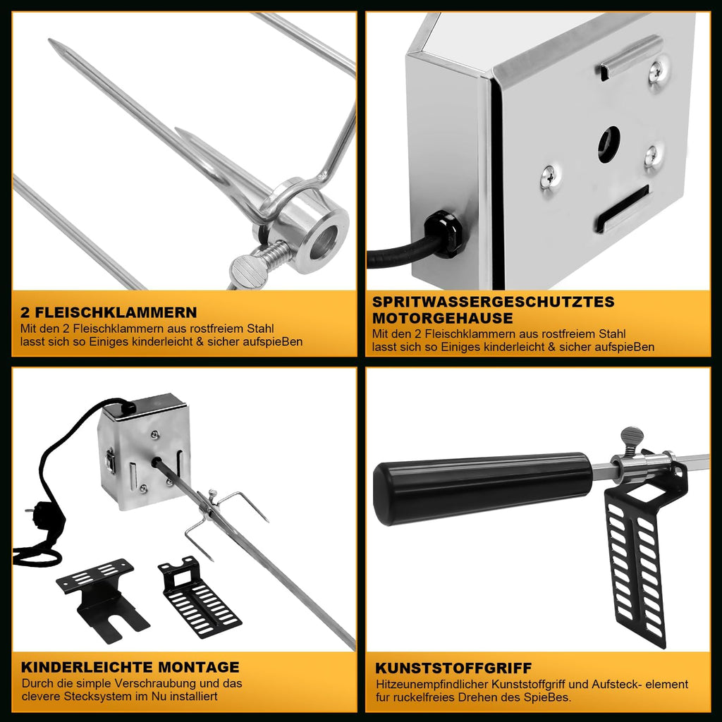 Grillspieß Set, Edelstahl Rotisserie mit 4X Fleischnadeln BBQ Fleischklammer, Griffstück, Motor Elektrischer Drehspieß, Automatischer Fleischwender für Grill, Ofen & Camping