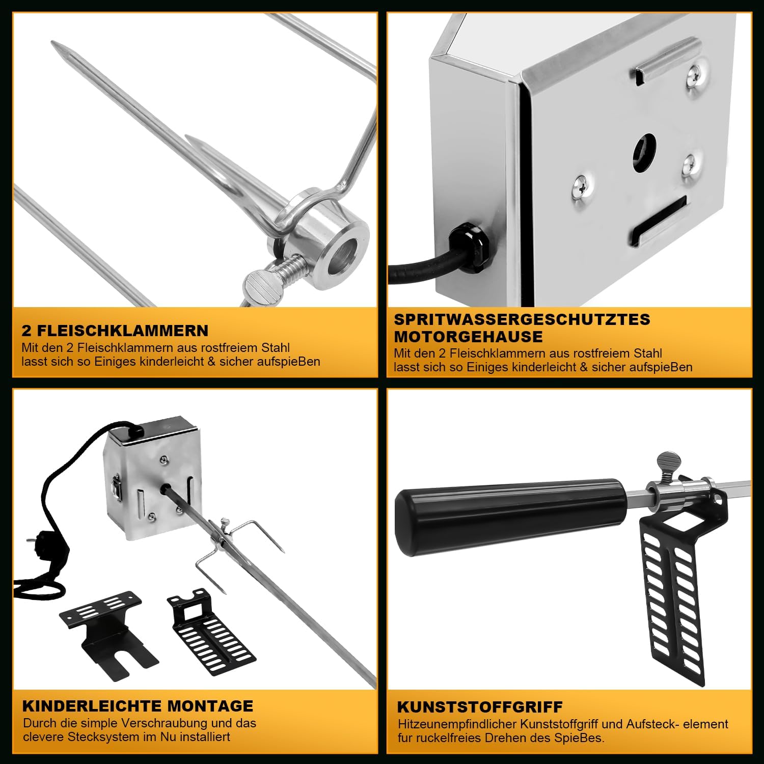 Grillspieß Set, Edelstahl Rotisserie mit 4X Fleischnadeln BBQ Fleischklammer, Griffstück, Motor Elektrischer Drehspieß, Automatischer Fleischwender für Grill, Ofen & Camping