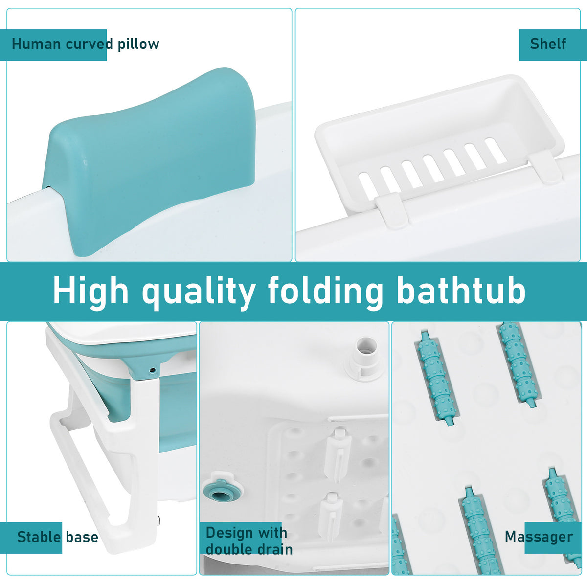 Faltbare Badewanne für Erwachsene, Klappbadewanne mit Abdeckung, Ablagekorb und Doppelablauf, platzsparende mobile Badewanne für Bad Dusche Balkon, Blau