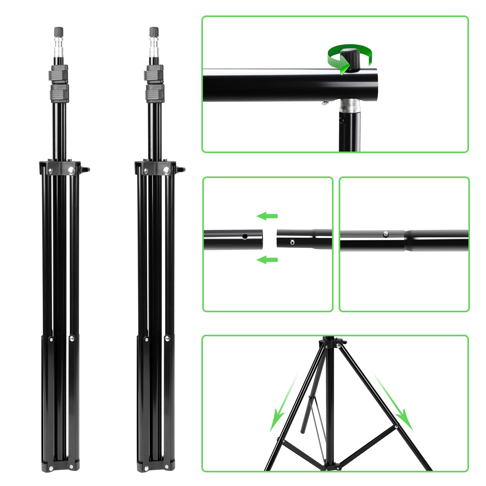 Hintergrund Ständer, 2x3M Hintergrundsysteme mit 3 Hintergrundstoffe (Grün/Weiß/Schwarz), Fotostudio Hintergrundsystem für Green Screen, Portrait und Videoaufnahme