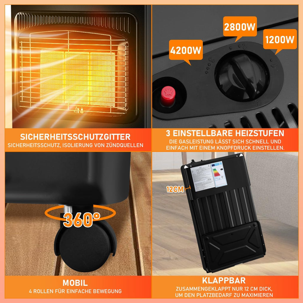 Gasheizung für Innenräume 4200W, Gasofen, 3 Stufen, Gasschlauch Gasheizer mit 3 Heizstufen, ODS-System, Druckregler und Gasschlauch für Balkon, überdachte Terrasse und belüftete Räume