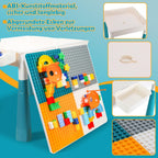 Kindertisch mit 2 Stühlen, 251 Bausteine, höhenverstellbar, 51x51cm doppelseitige Platte, Stauraum innen 10cm, 4 Boxen, rutschfeste Pads, Belastbarkeit 80kg, PP+ABS, Weiß/Blau, ab 2 Jahren