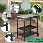 Grillbeistelltisch | Outdoor-Grilltisch mit Verstellbarer Ablage, Gewürzregal und 6X Haken, mobiler Grillwagen mit 2 Rollen, Küchenwagen für Grill und Pizza, 84x67x41cm